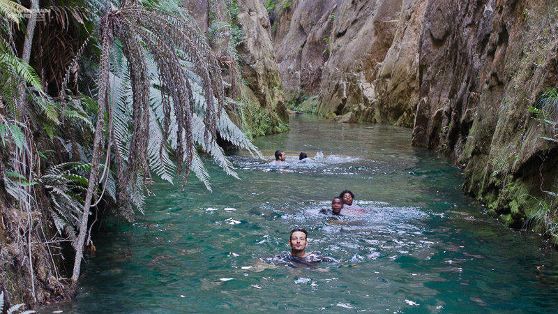 Ecovolunteers crossing a flooded Makay canyon