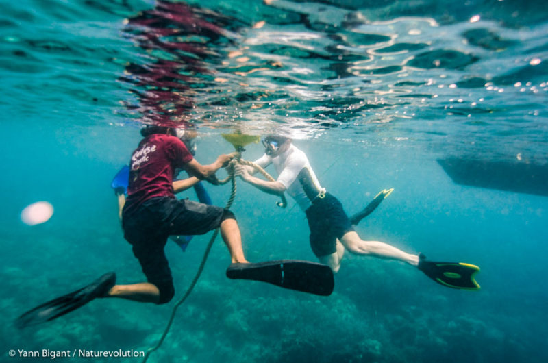 Installation de mouillages sur bouées pour la protection des récifs coralliens. Matarape, Sulawesi, Indonésie.