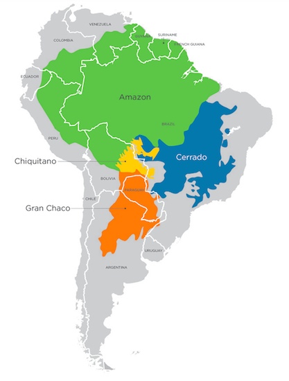 Carte des écosystèmes soumis au risque de déforestation en Amérique du Sud