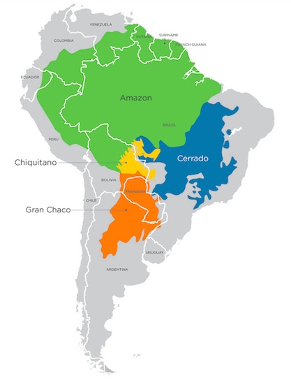 Map of ecosystems at risk of deforestation in South America