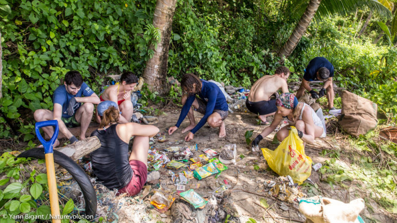 Nettoyage d'une plage et tri des déchets plastiques par les écovolontaires
